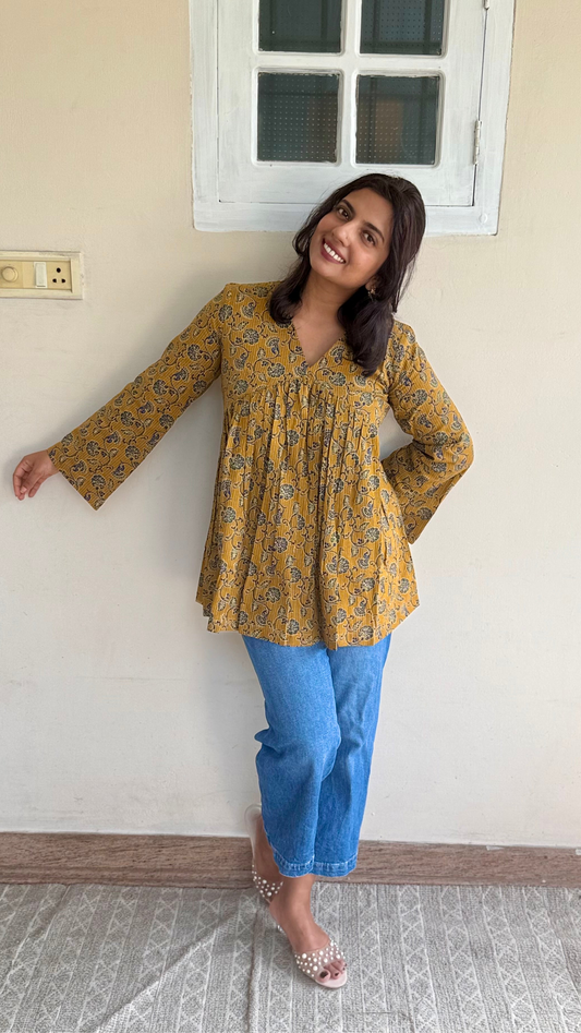 Ananya cotton printed yellow kurti top