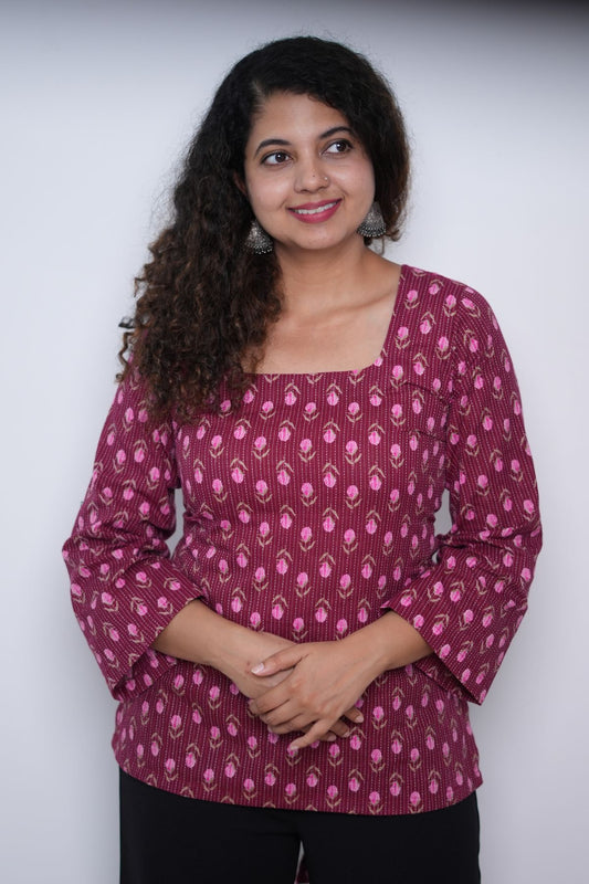 Roses in wine red -Short Kurti