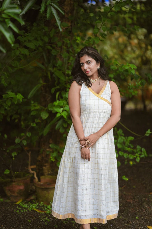 Vennila-Kerala Checked Kasavu Anarkali - With Lining