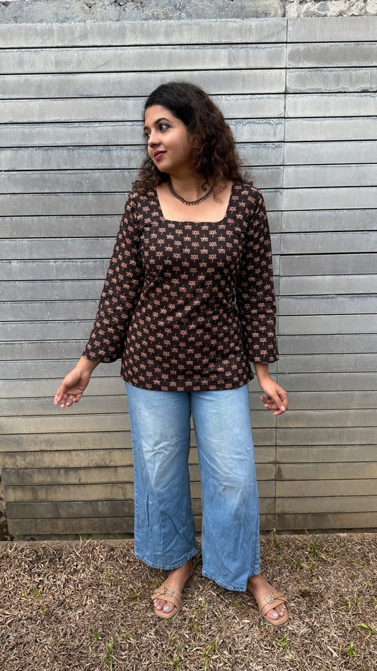 Deep Brown floral short kurthi