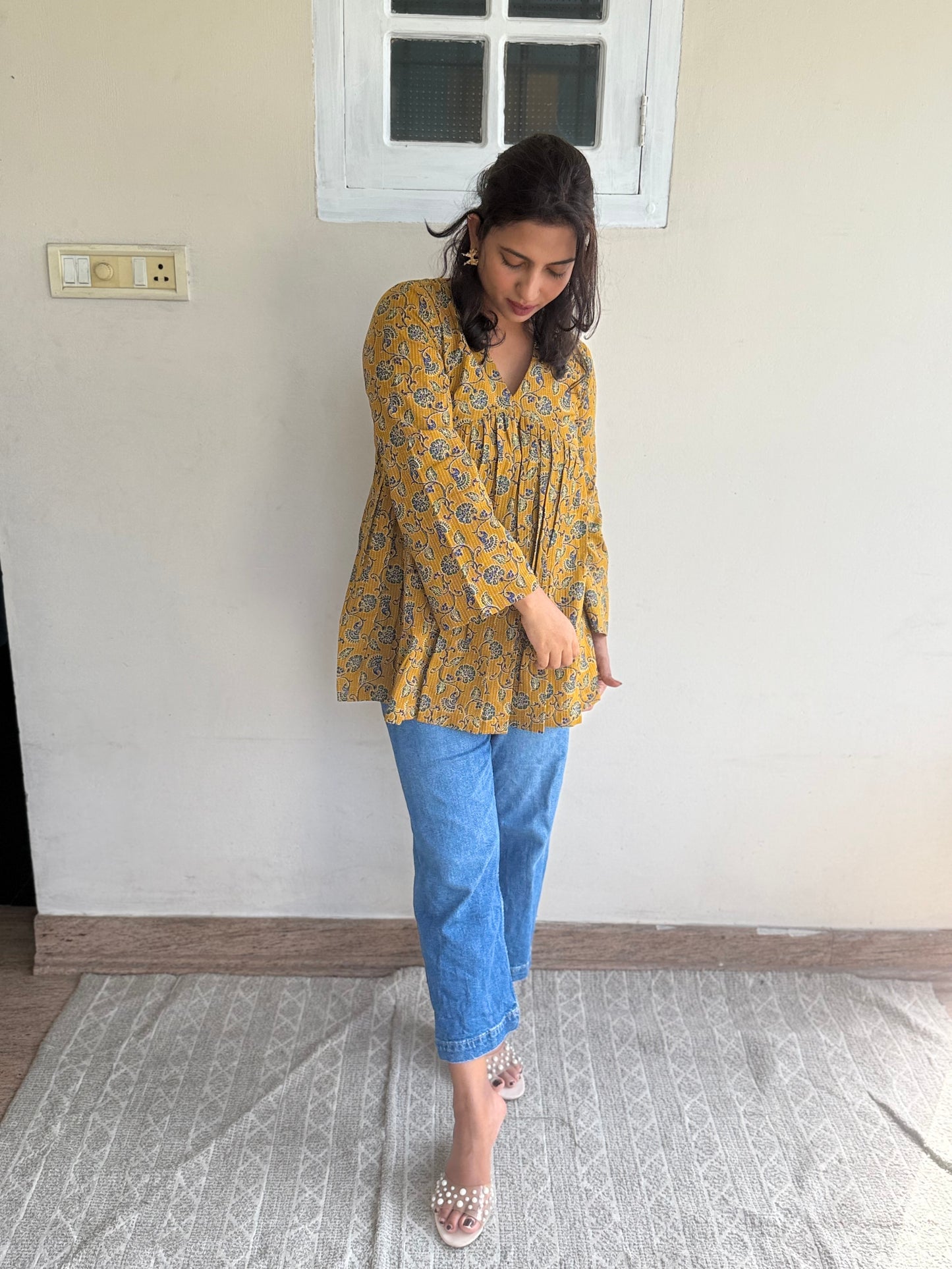 Ananya cotton printed yellow kurti top