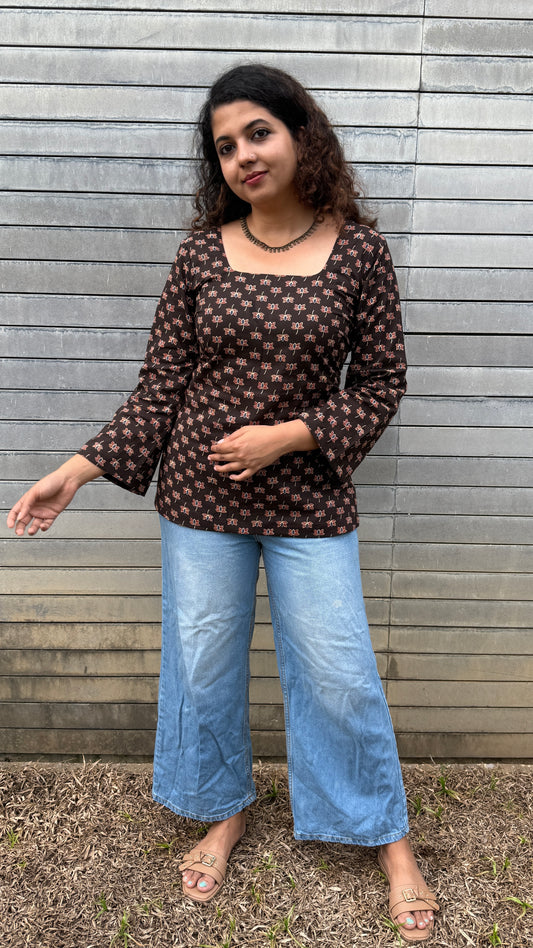 Deep Brown floral short kurthi