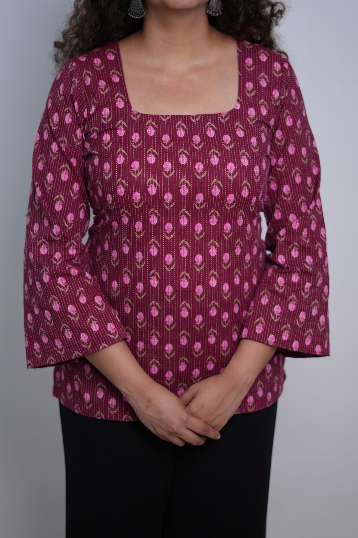 Roses in wine red -Short Kurti