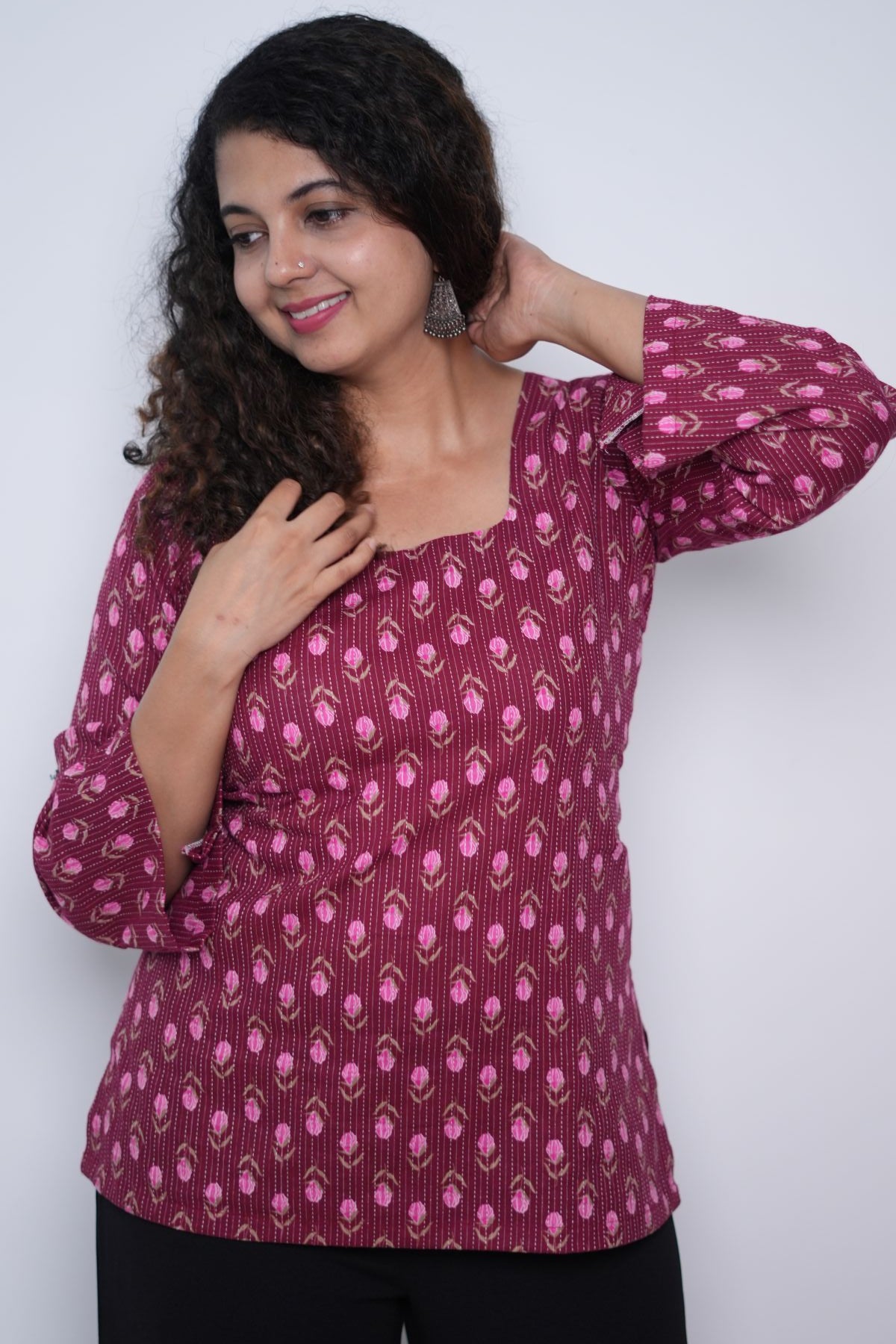 Roses in wine red -Short Kurti