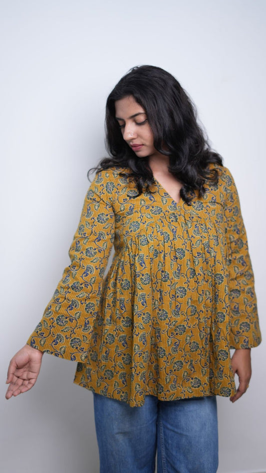 Ananya cotton printed yellow kurti top