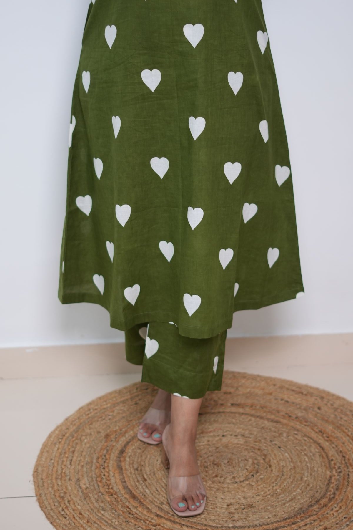 Olive Green little hearts co-ord set with pockets