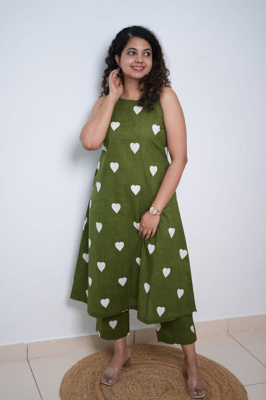 Olive Green little hearts co-ord set with pockets
