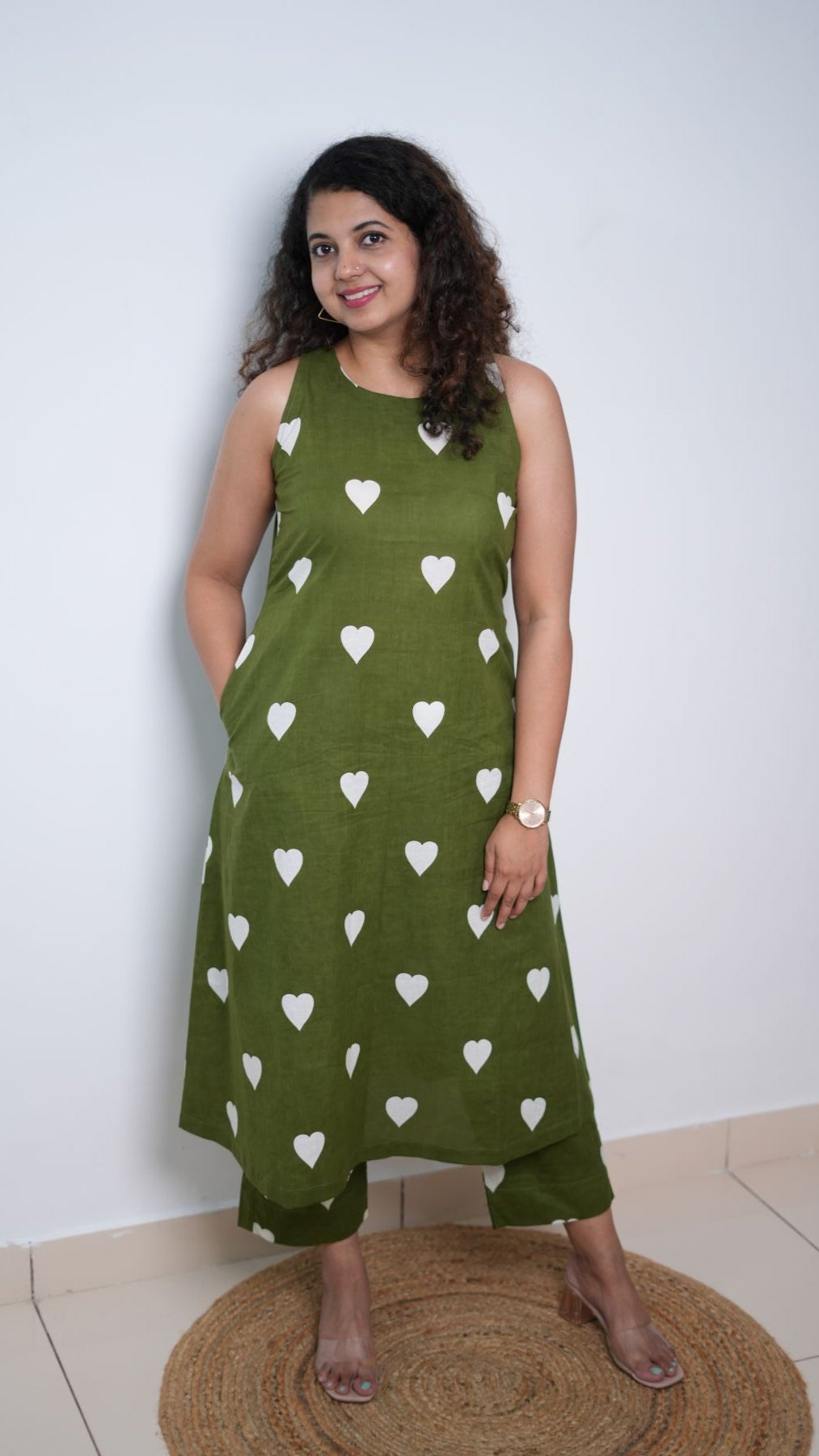 Olive Green little hearts co-ord set with pockets