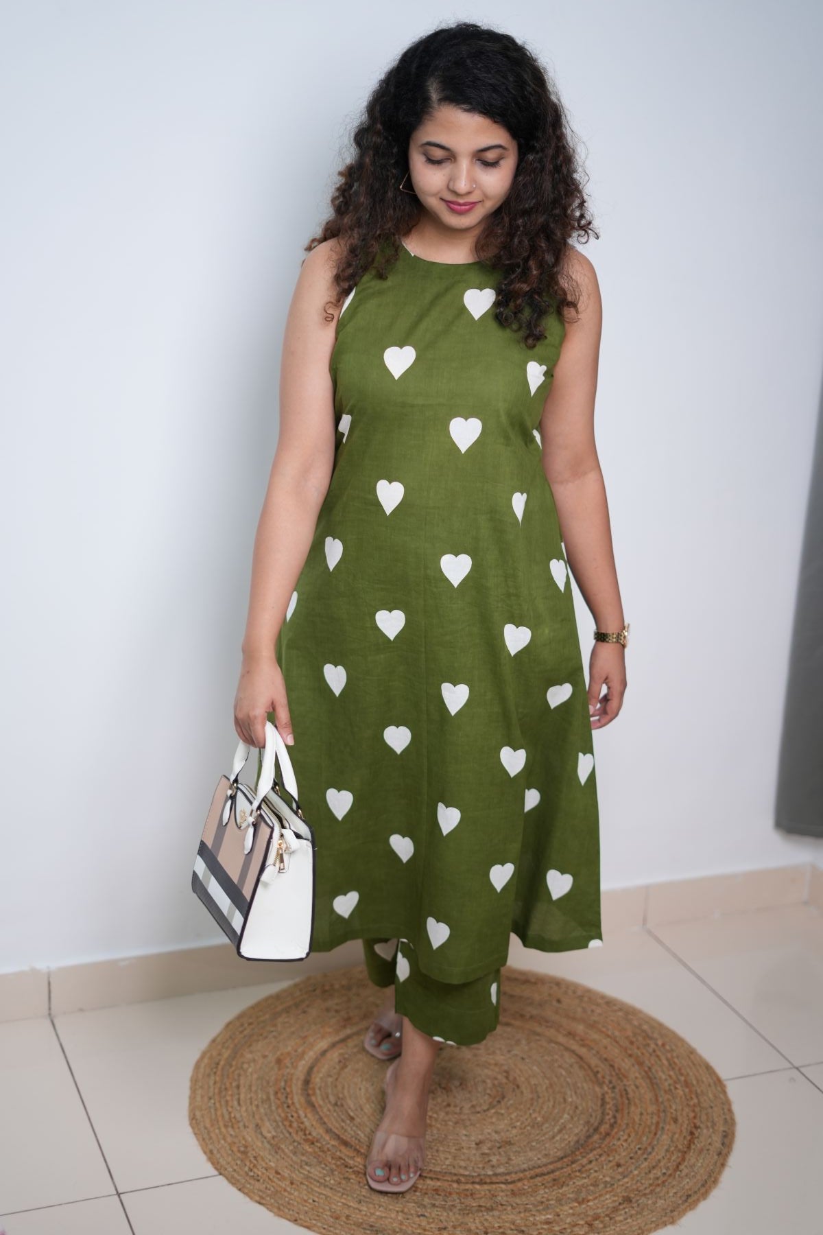Olive Green little hearts co-ord set with pockets