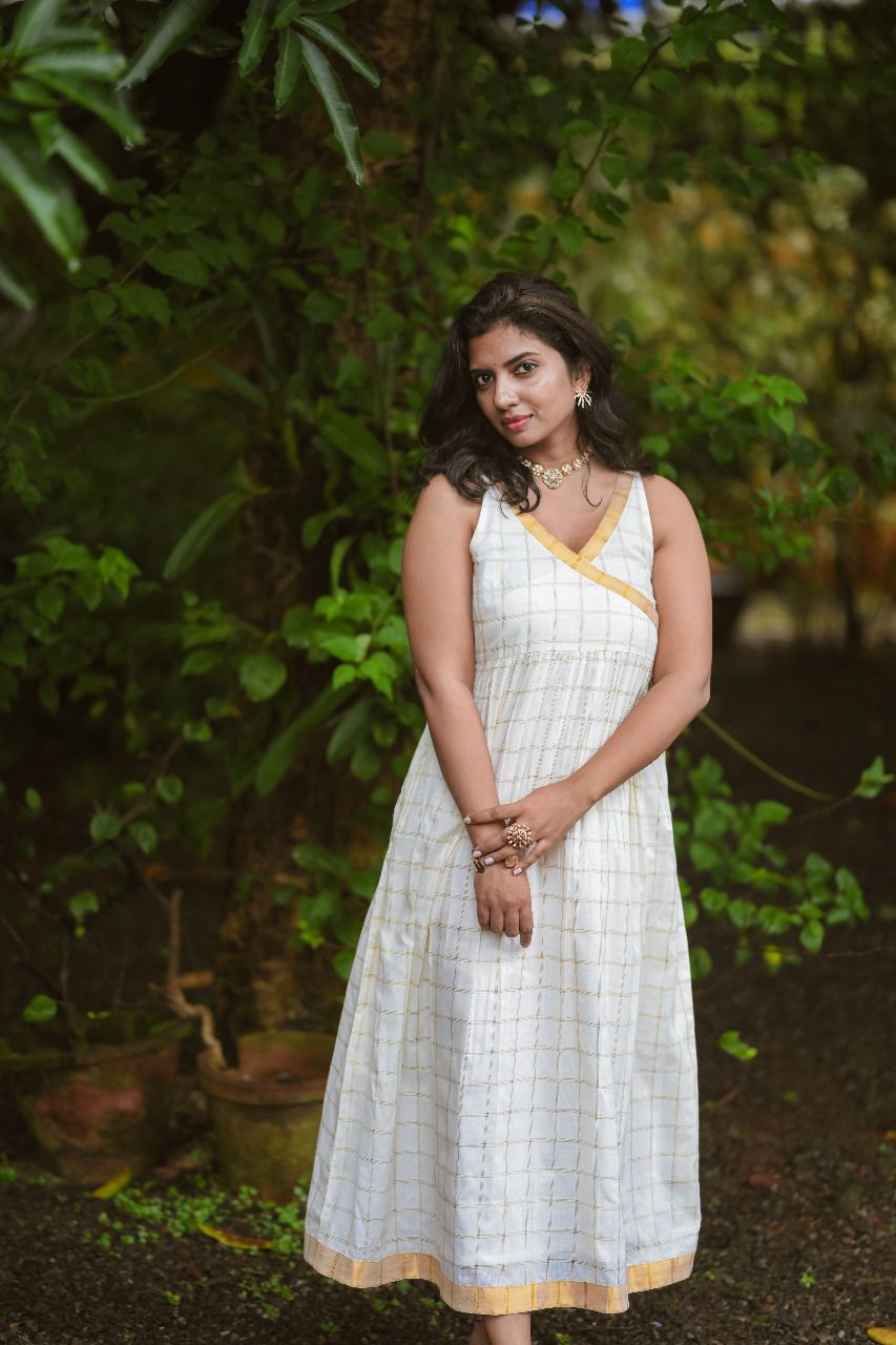 Vennila-Kerala Checked Kasavu Anarkali - With Lining