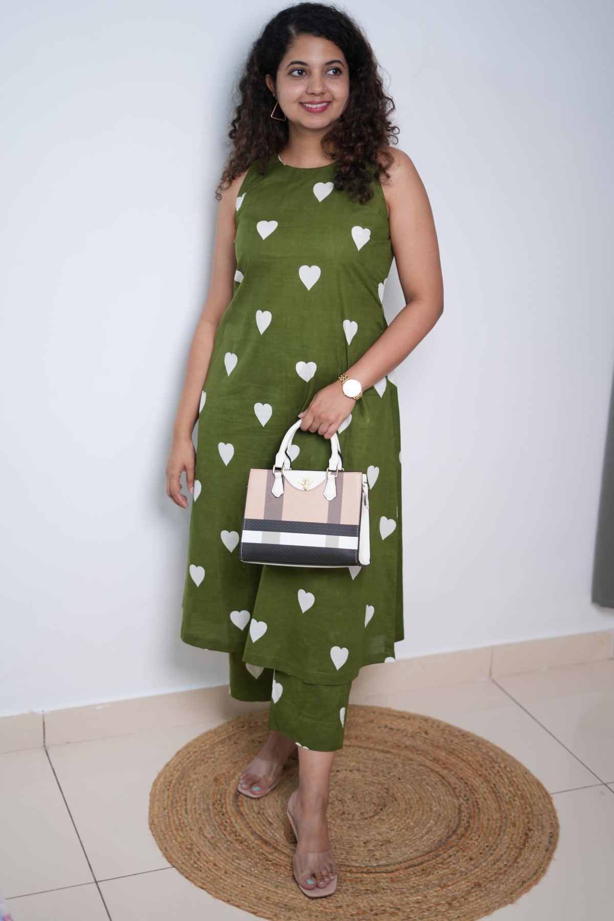 Olive Green little hearts co-ord set with pockets